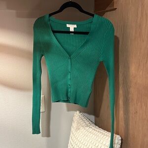 H&M Green Ribbed Button-Down Top